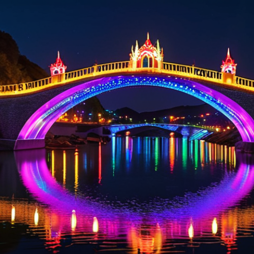 Home 4 **
The Dolsan Bridge at night, illuminated with a vibrant display of colorful lights, reflecting in the water. Capture the magical and enchanting atmosphere. People are taking photos.
**