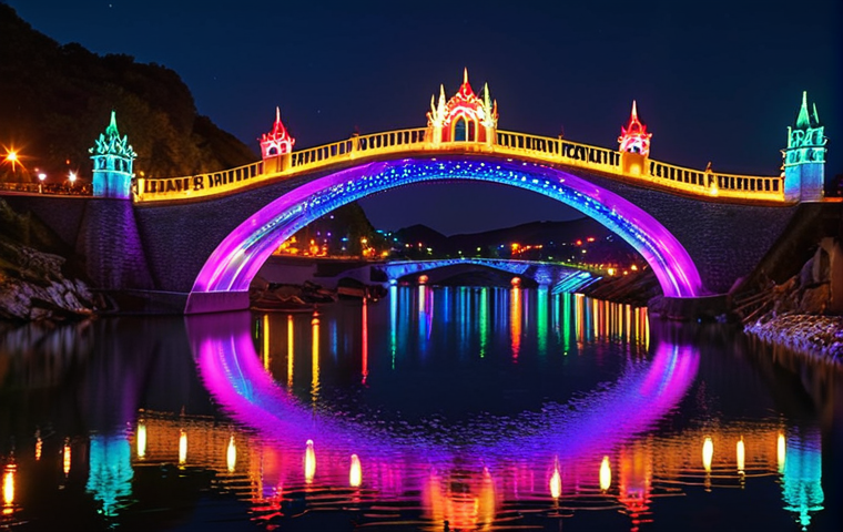 **

The Dolsan Bridge at night, illuminated with a vibrant display of colorful lights, reflecting in the water. Capture the magical and enchanting atmosphere. People are taking photos.
**